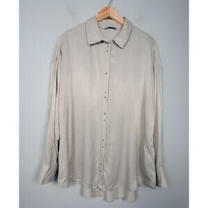 Zara Womens XL Satin Blouse Long Sleeve Button Up Collared Shirt Beige
